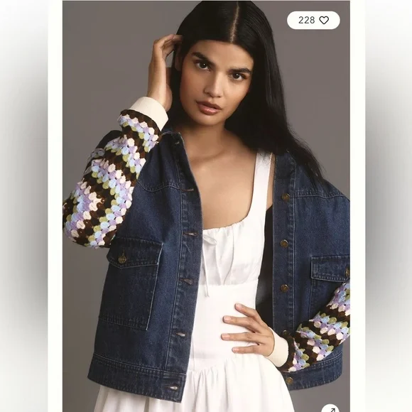 Anthropologie Crochet-Sleeve Denim Jacket Size Small